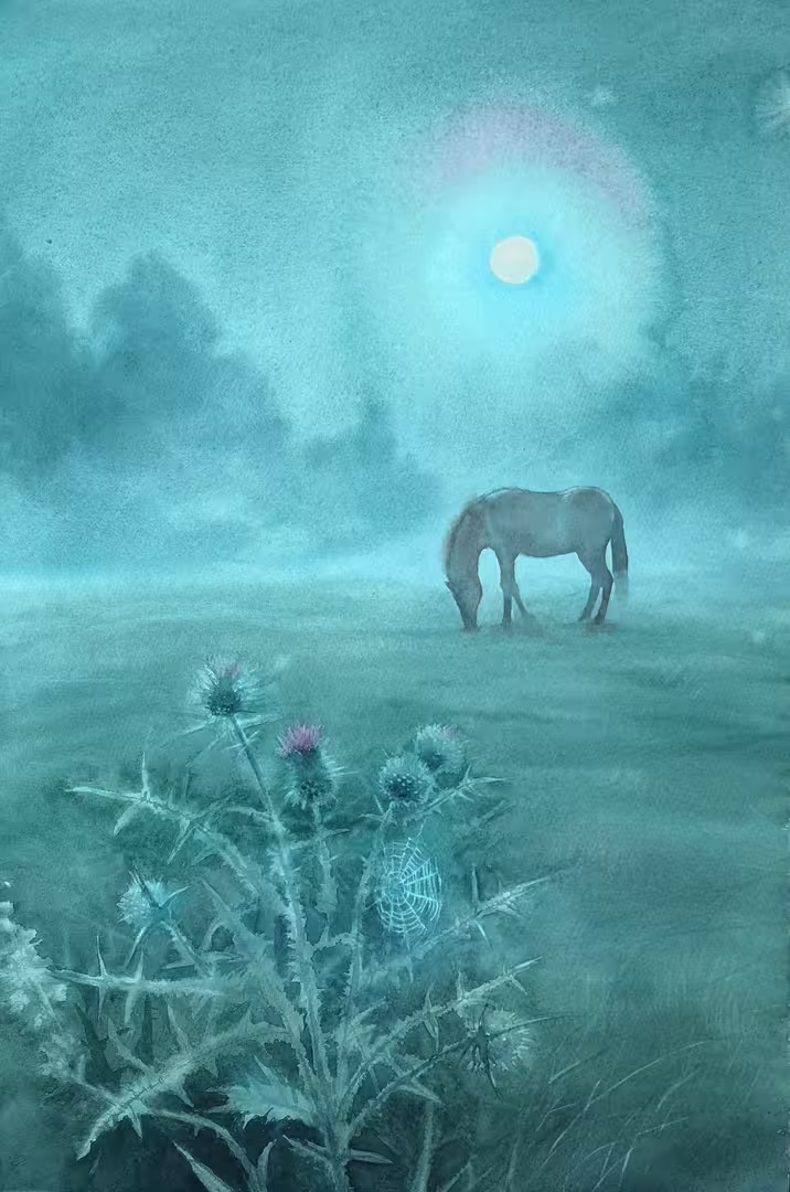 horse night grazing moon thistle watercolor by olga beliaeva.jpg