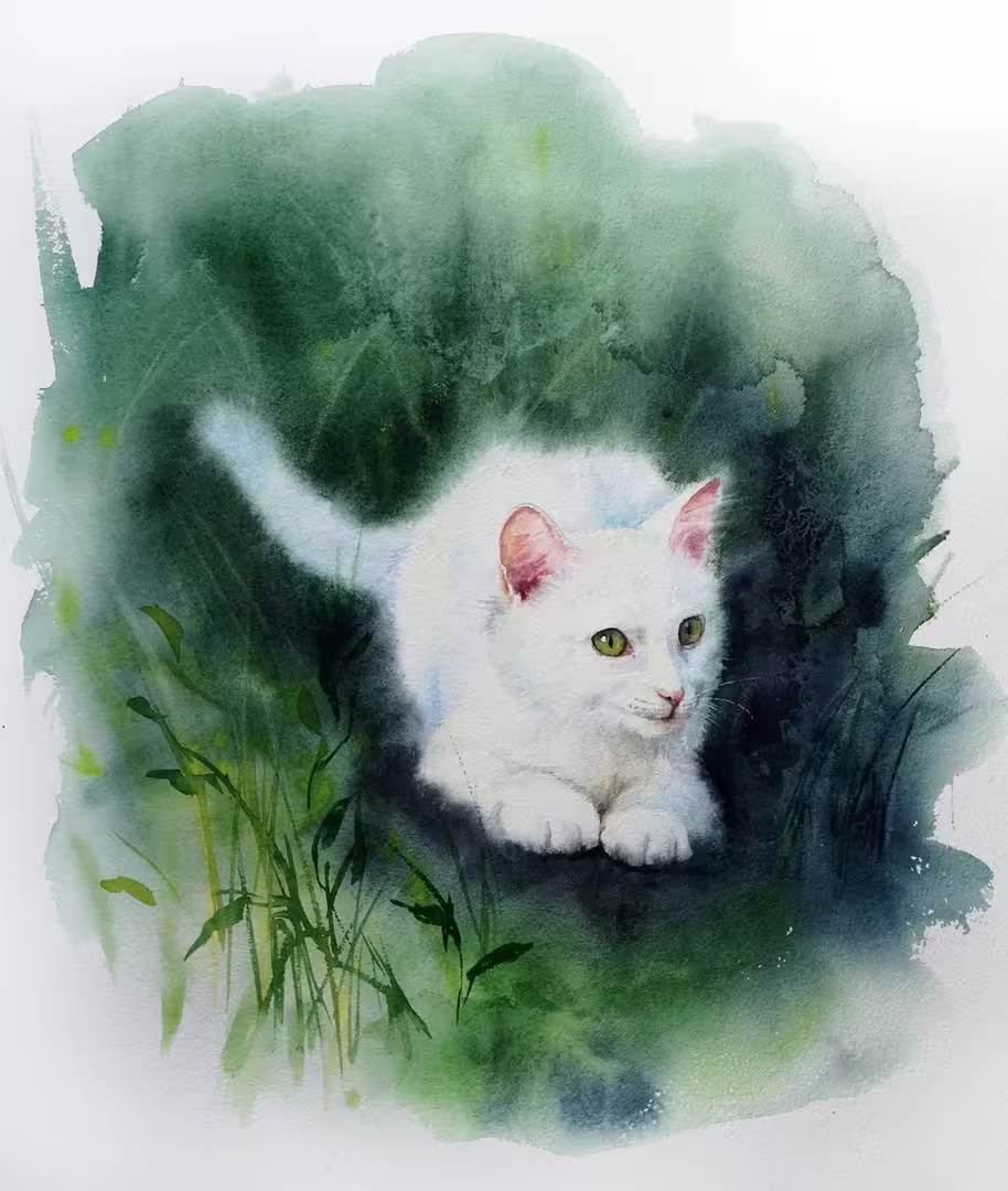 white kitten grean grass watercolor by olga beliaeva.jpg