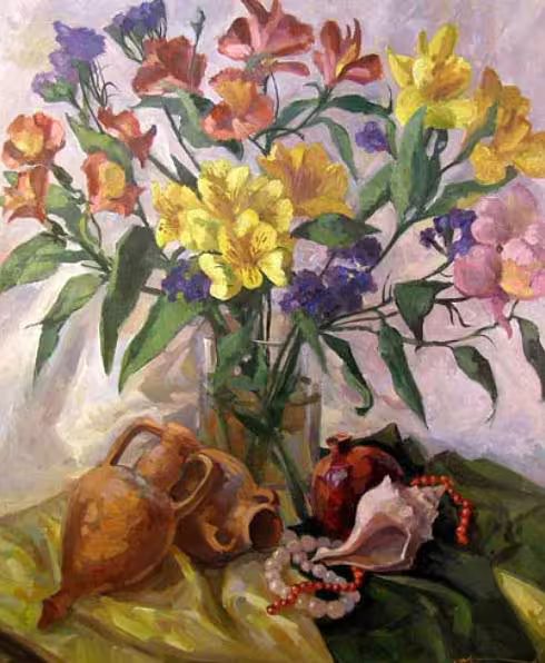 Цветы. Альстромерия (натюрморт с амфорами),х.м.,70х60.jpg