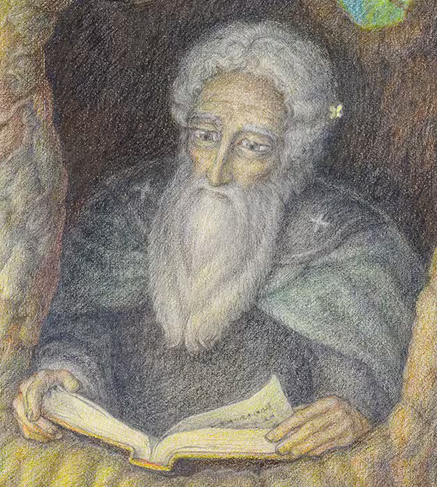 Преп. Павел Обнорский в дупле липы. Иллюстрация-проба к житию. 2013-14. Фрагмент.jpg