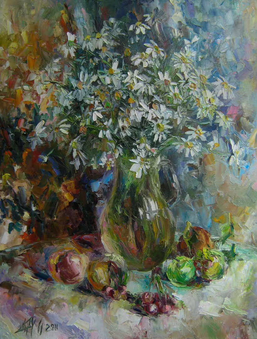 Ромашки с фруктами, холст  масло, 65 х 50 см., 2011 г..jpg