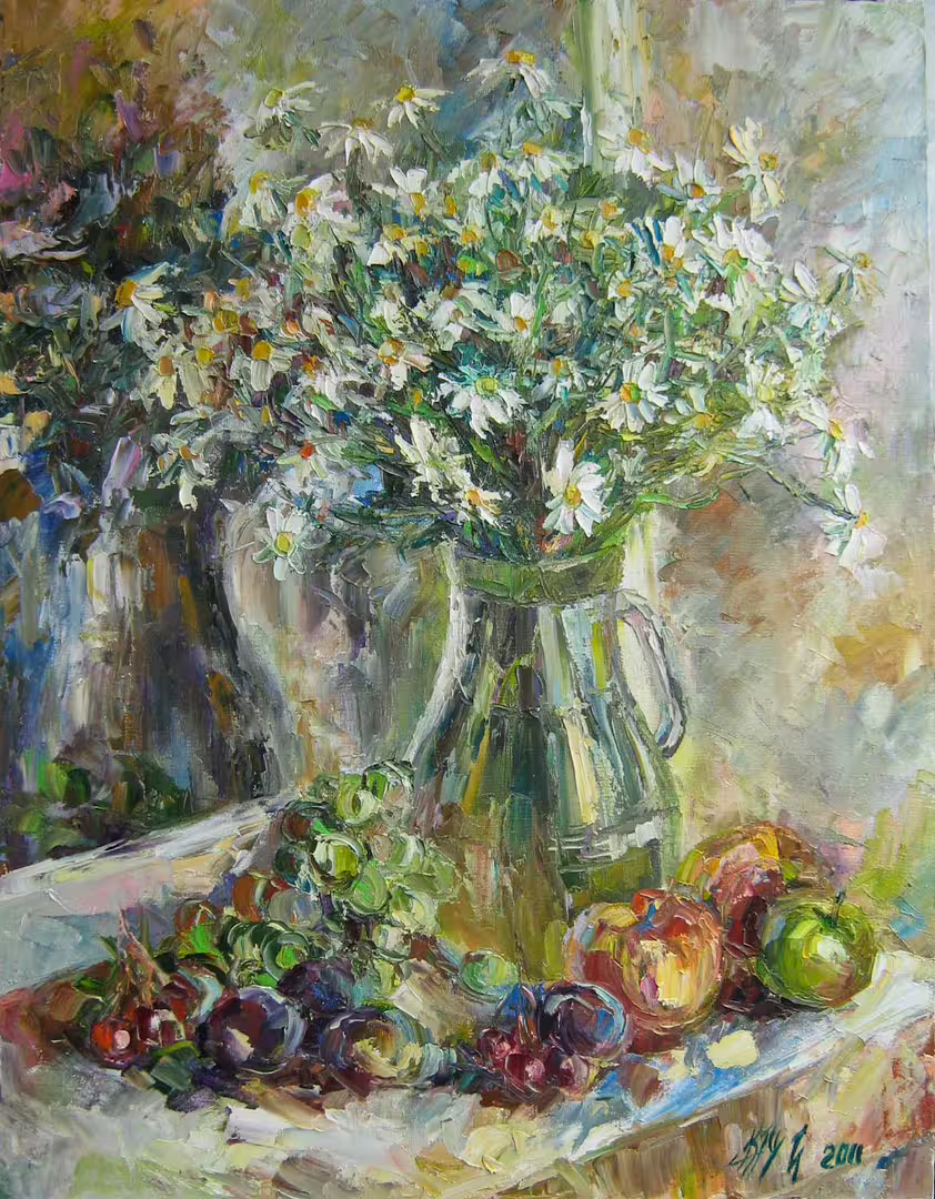 Фрукты с ромашками на окне, холст масло, 65 х 50 см., 2011 г..jpg