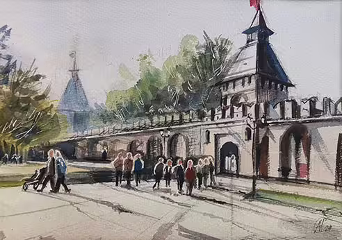 18_ Михайлина Альбина. Тульский Кремль. Бумага, акварель, линеры. 30 см х 40 см. 2024 г. Живопись..jpg
