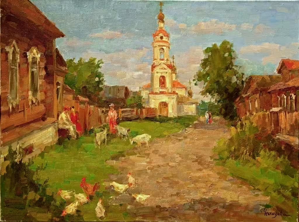 Ческидова О.Ю. Улочка в Плёсе .Варваринская церковь .2006г. холст масло 60х80.jpg