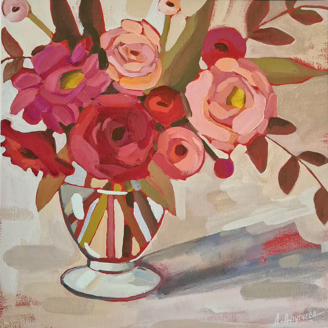 11Розовый букет. Холст на картоне, темпера, 30×30..jpg