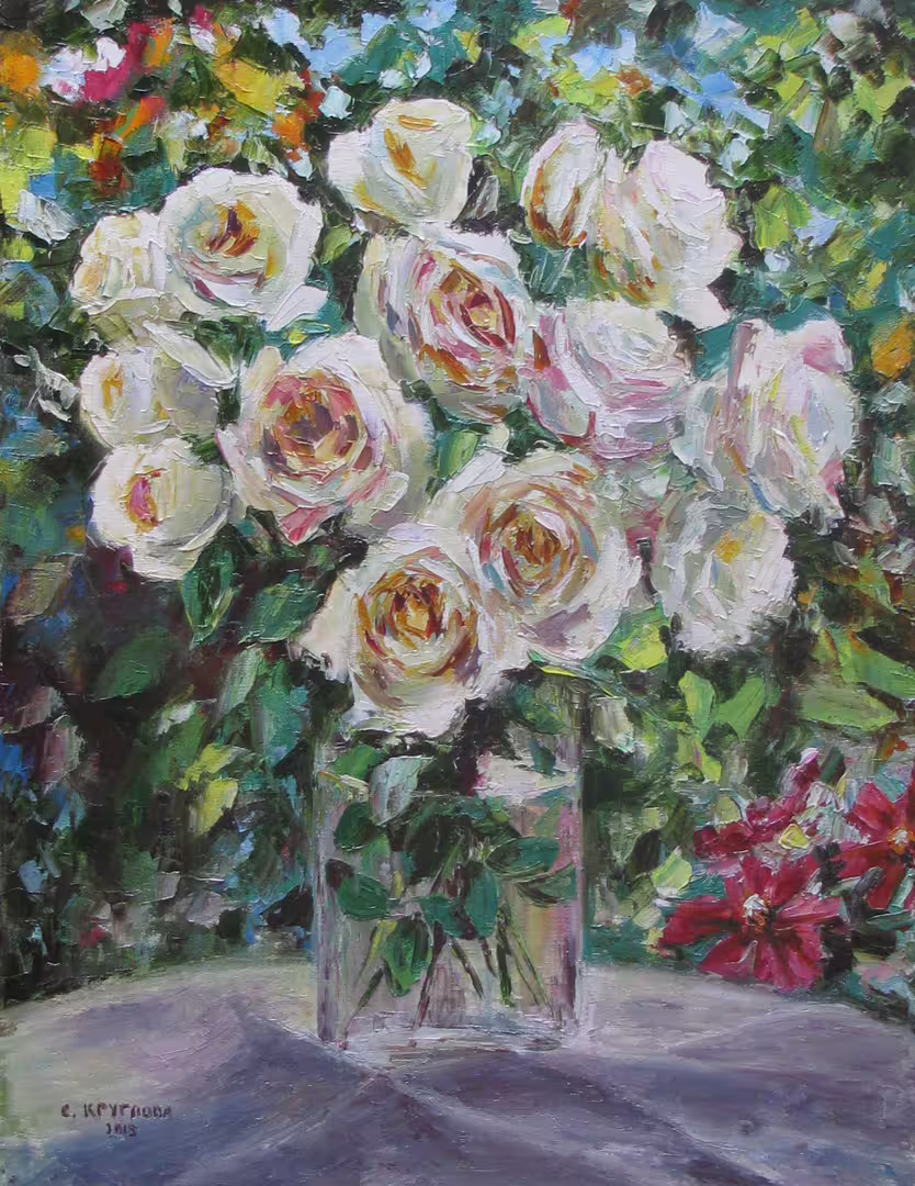 Белые розочки в саду,  холст  масло,  65 х 50 см.,  2015 г..JPG