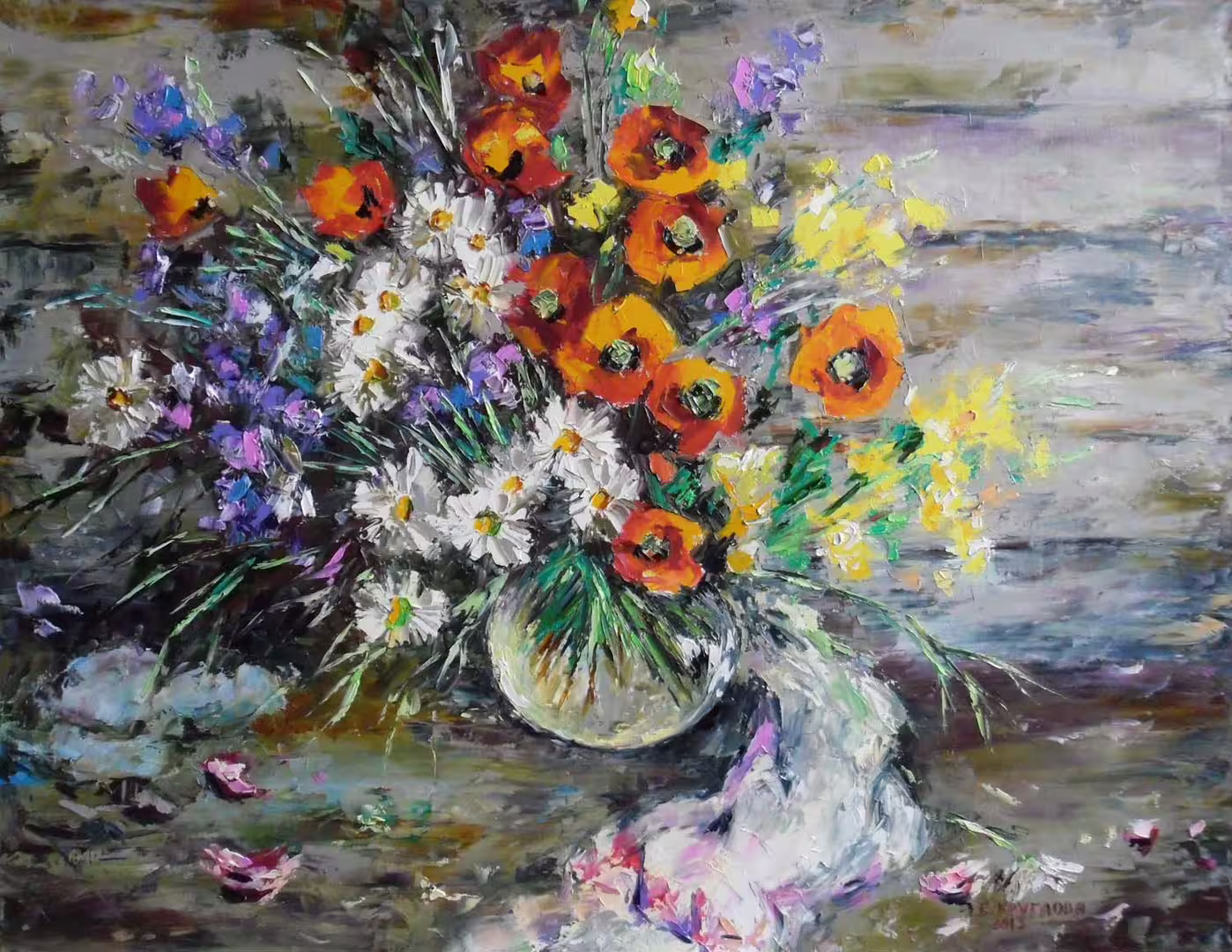 Маково-ромашковый букет,  холст  масло,  65 х 85 см.,  2013 г..jpg
