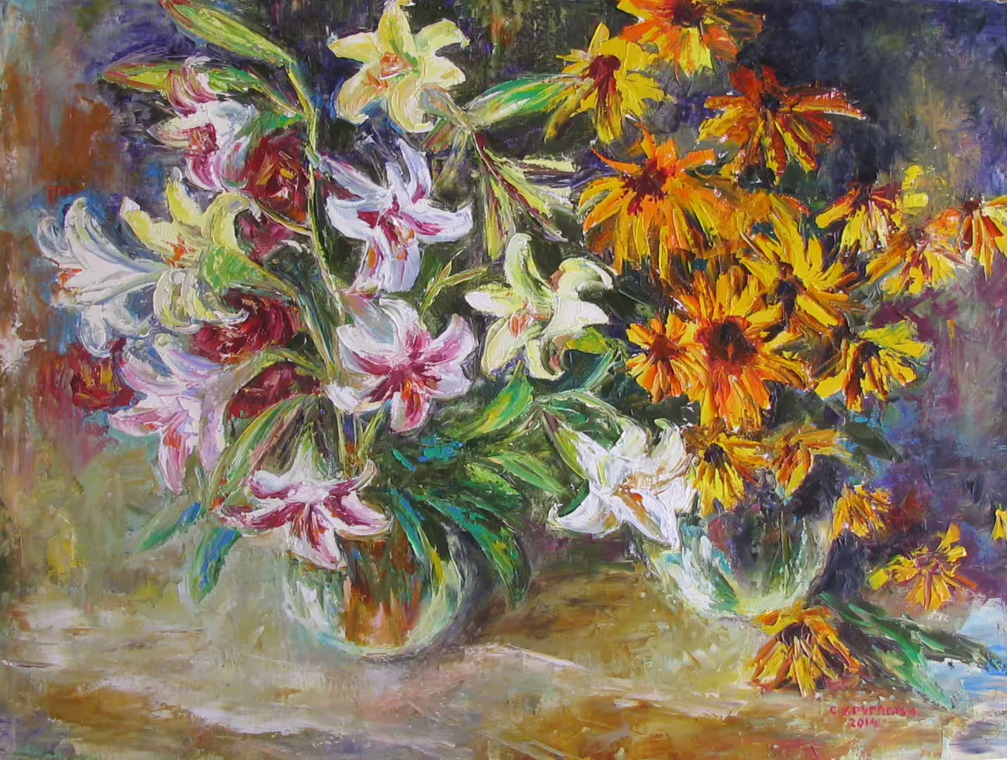 Лилии и рудбекии из сада,  холст  масло,  60 х 80 см.,  2014 г..JPG