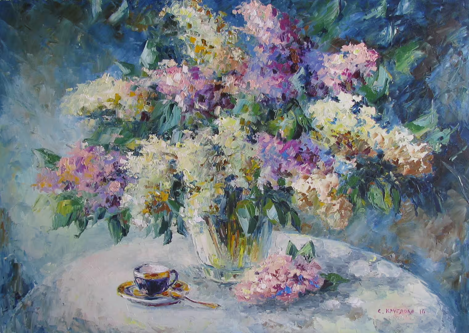 Чай в сиреневом саду,  холст  масло, 50 х 70 см.,  2016 г..JPG