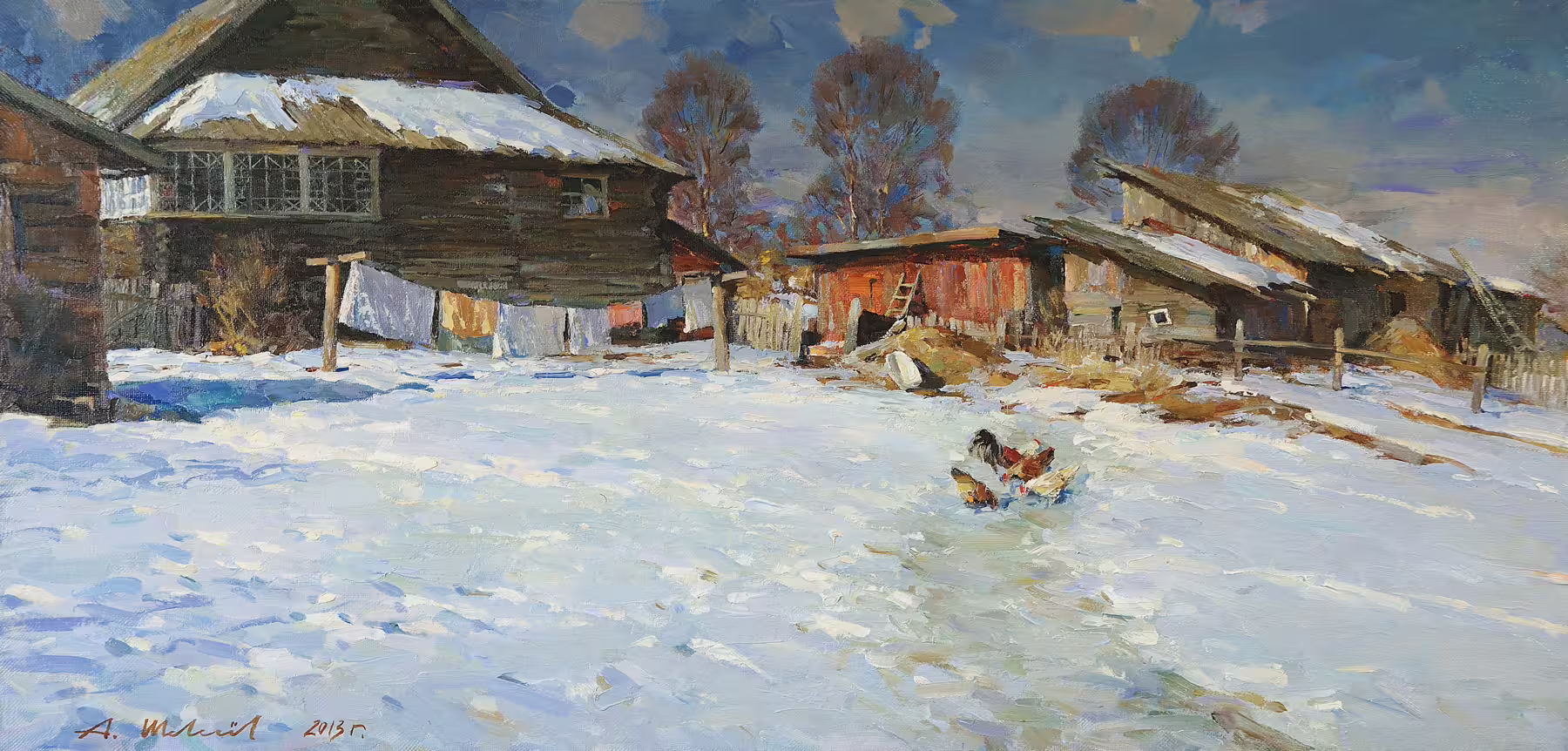 Тающий снег в Шереховичах.Холст,масло 52,3 х 105,5 см.2013.jpg