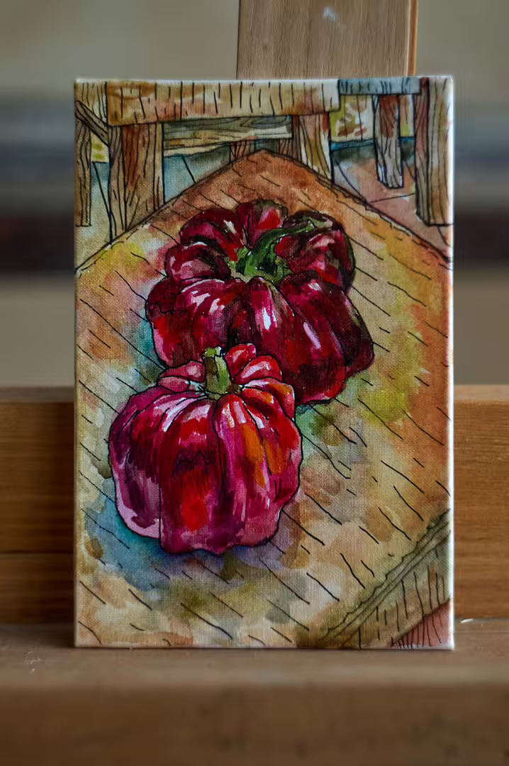 квадриптих «Кухонный», «Перцы», х.н.к., перо, акварель, 10×15 .JPG