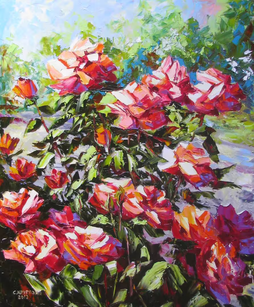 Красные розы в саду,  холст  масло,  85 х 70 см.,  2012 г..jpg