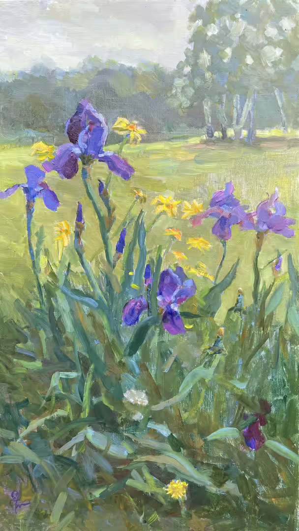 Томиловская_Екатерина_Сергеевна_Ирисы и желтые ромашки_70x40cm_хм_2025.jpg