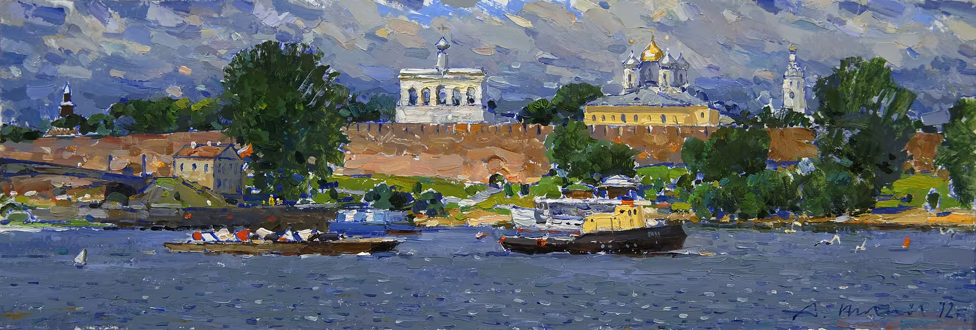 1.Новгород. Баржа с бакенами. Картон, масло 15, 2 х 45, 2 см. 2026.jpg