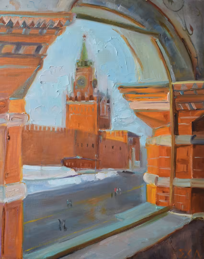 Серия Москва Самородова(Киселева) Елена  Первый снег.Вид на Красную площадь из храма Василия Блаженого холст масло 40-50 см.JPG